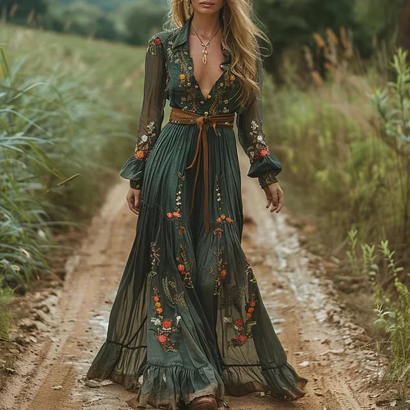 Women’s Summer Boho Ruffled Maxi Dress – Flowy Boho Dress Dark Green