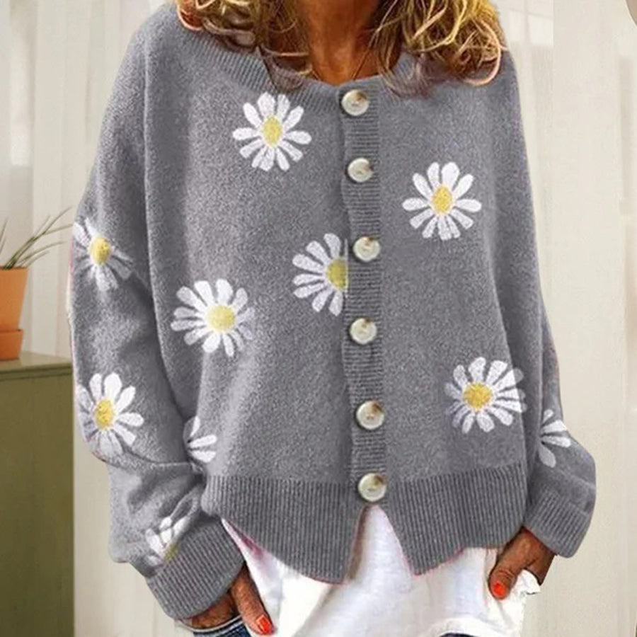 Women’s Floral Button-Down Cardigan with Long Sleeves Gray