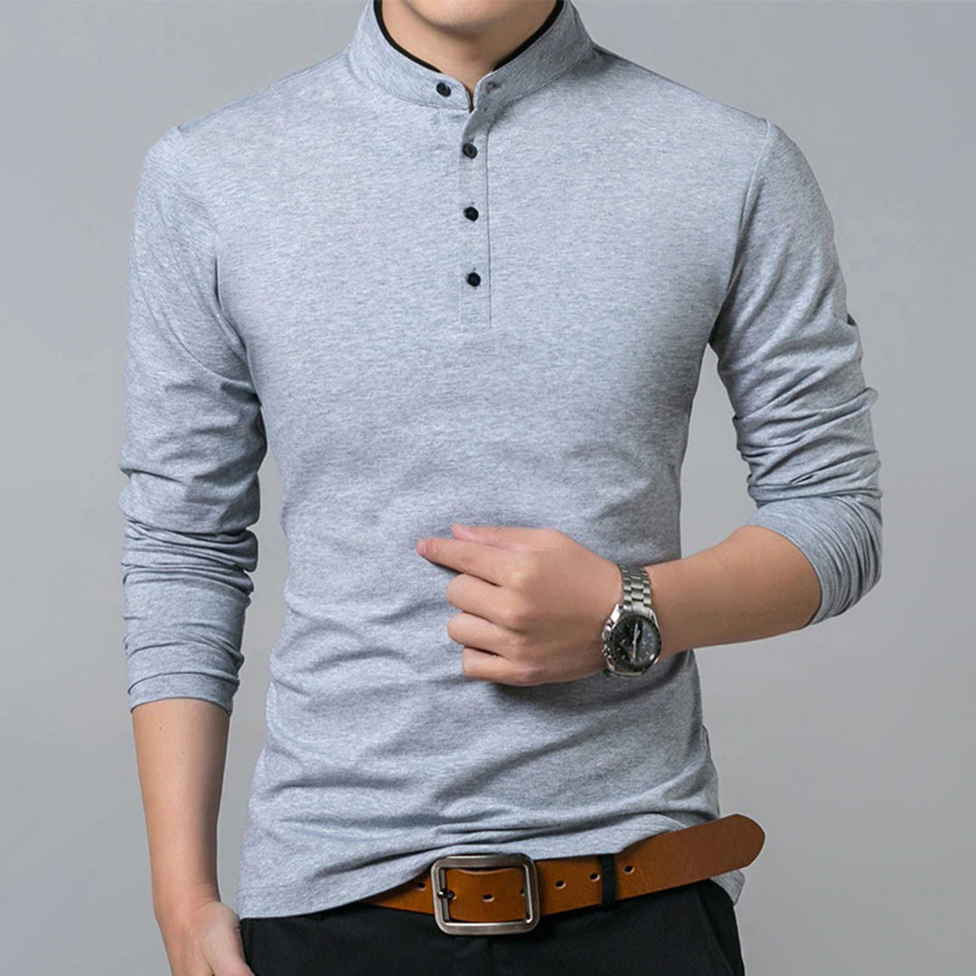 Men’s Slim-Fit Long Sleeve Polo Shirt with Mandarin Collar Gray