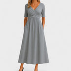 Women’s Elegant Maxi Dress with V-Neck and Half Sleeves Grey