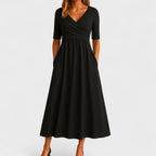 Women’s Elegant Maxi Dress with V-Neck and Half Sleeves Black