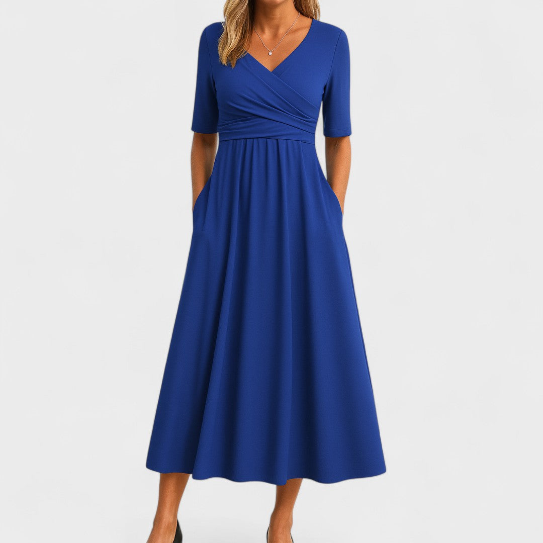 Women’s Elegant Maxi Dress with V-Neck and Half Sleeves Blue