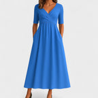 Women’s Elegant Maxi Dress with V-Neck and Half Sleeves Light Blue