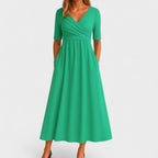 Women’s Elegant Maxi Dress with V-Neck and Half Sleeves Green