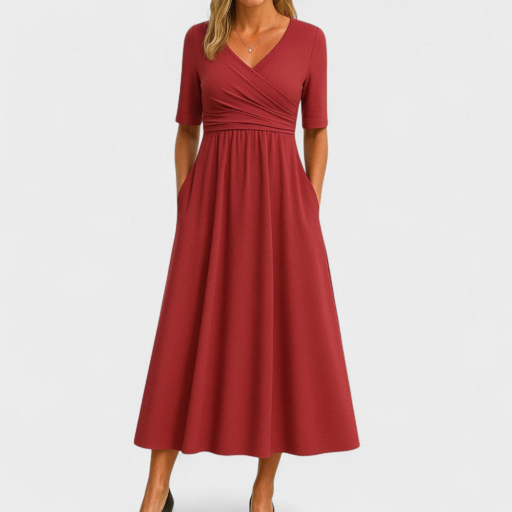 Women’s Elegant Maxi Dress with V-Neck and Half Sleeves Red