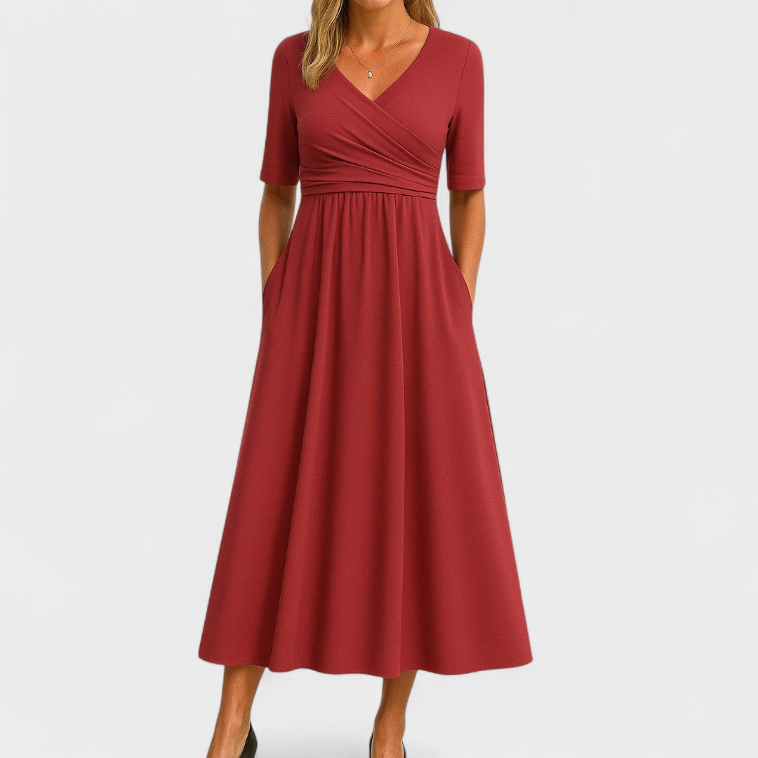 Women’s Elegant Maxi Dress with V-Neck and Half Sleeves Red