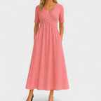 Women’s Elegant Maxi Dress with V-Neck and Half Sleeves Pink