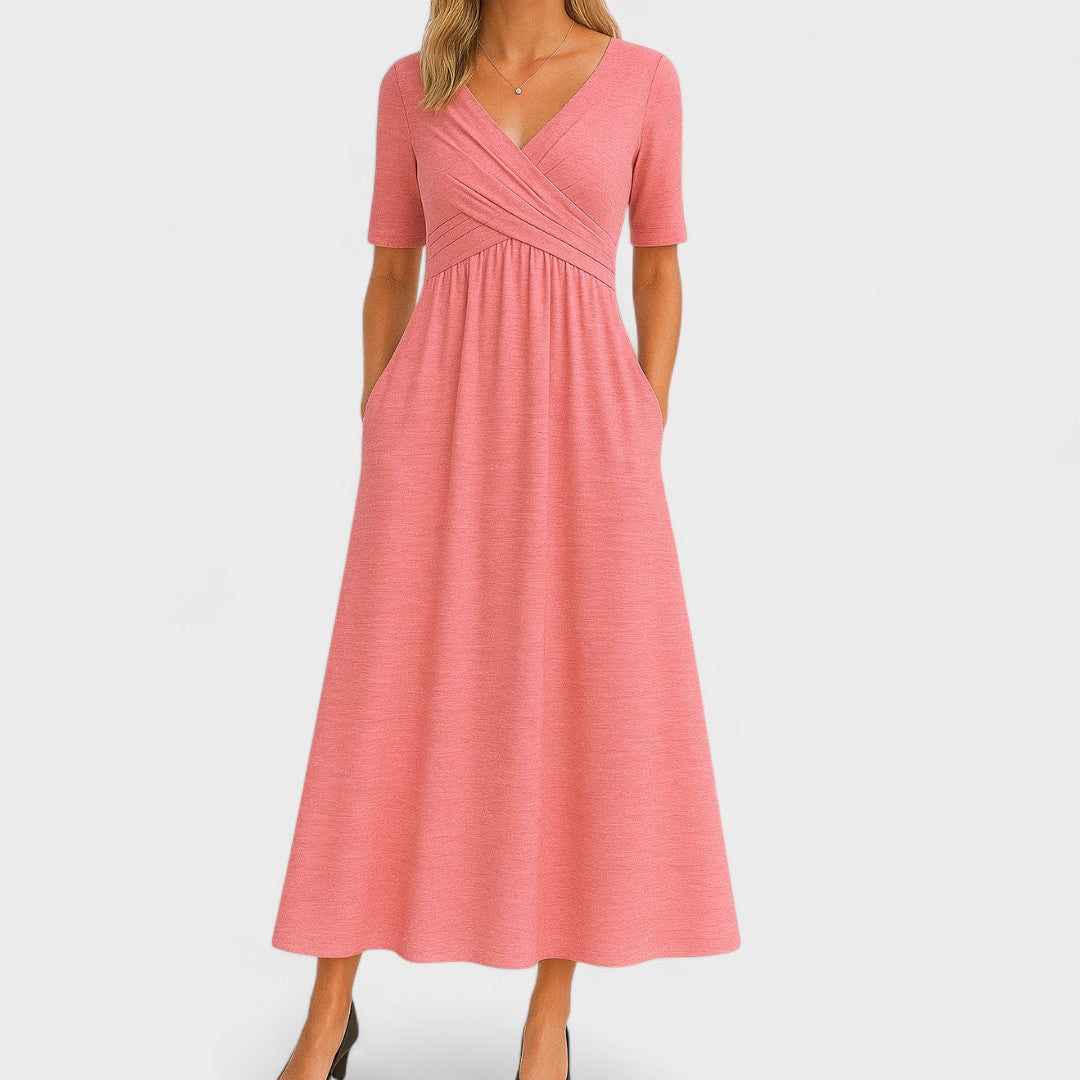 Women’s Elegant Maxi Dress with V-Neck and Half Sleeves Pink
