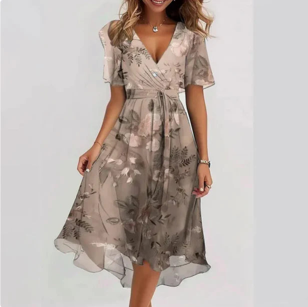 Women’s Floral Wrap Dress with V-Neck Beige