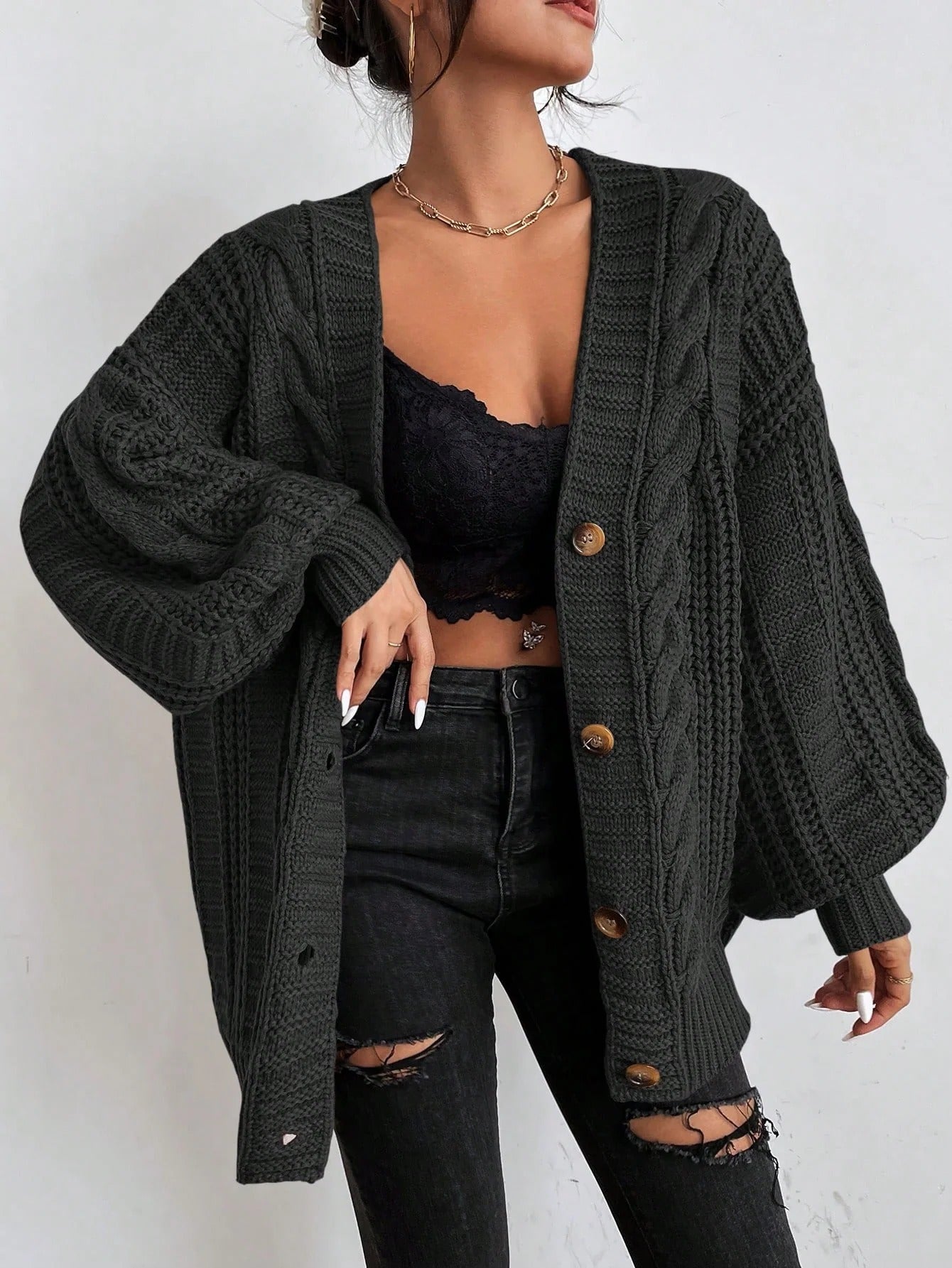 Women’s Cozy Oversized Cable Knit Cardigan Black