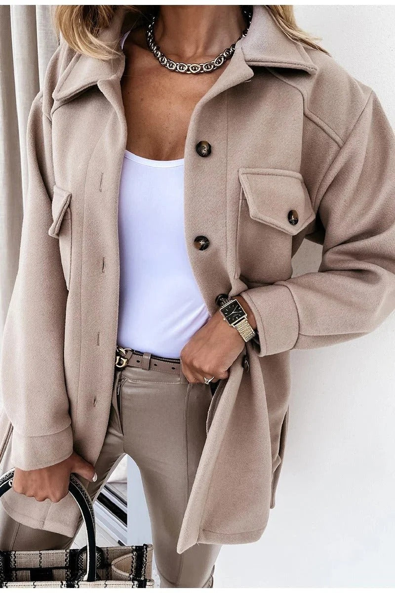 Women’s Oversized Button-Down Shirt Jacket with Patch Pockets Beige