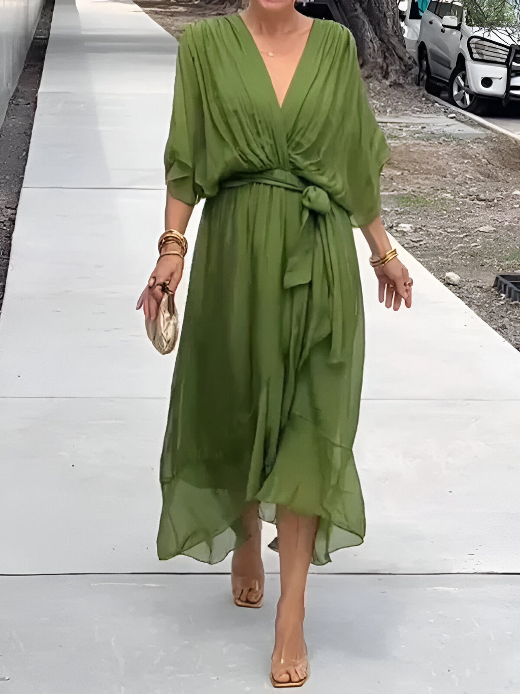 Women’s Elegant Midi Dress with V-Neck and Waistband