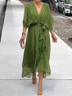 Women’s Elegant Midi Dress with V-Neck and Waistband