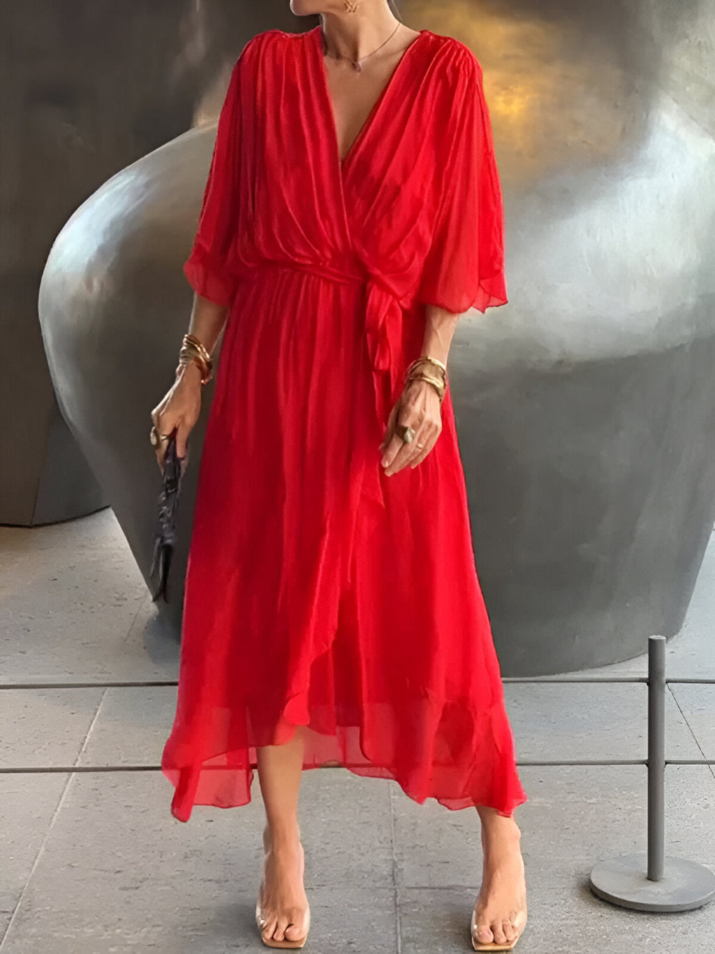 Women’s Elegant Midi Dress with V-Neck and Waistband