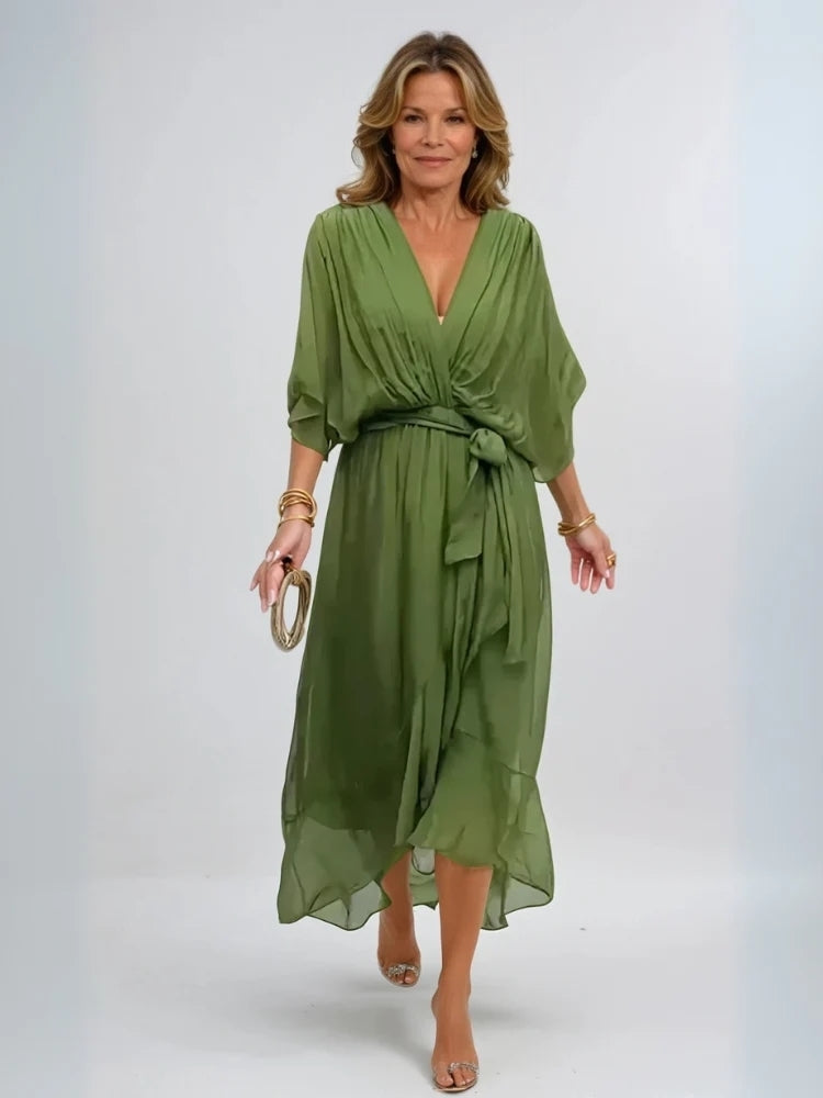 Women’s Elegant Midi Dress with V-Neck and Waistband