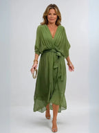 Women’s Elegant Midi Dress with V-Neck and Waistband