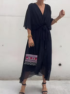 Women’s Elegant Midi Dress with V-Neck and Waistband