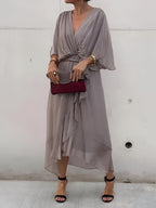 Women’s Elegant Midi Dress with V-Neck and Waistband Grey