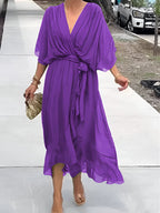 Women’s Elegant Midi Dress with V-Neck and Waistband
