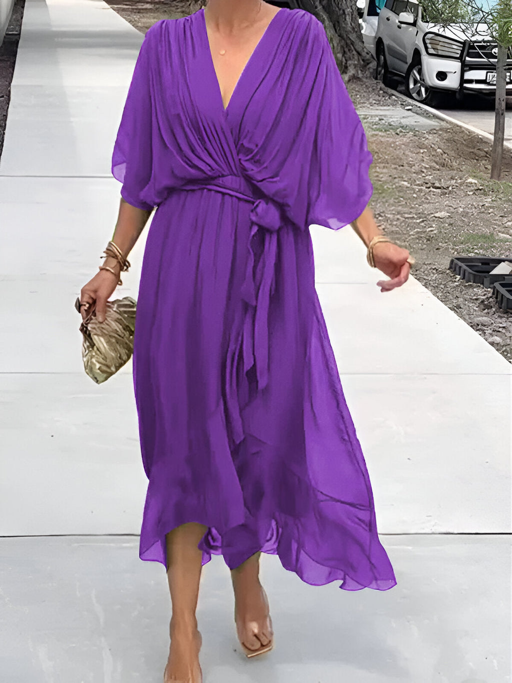 Women’s Elegant Midi Dress with V-Neck and Waistband