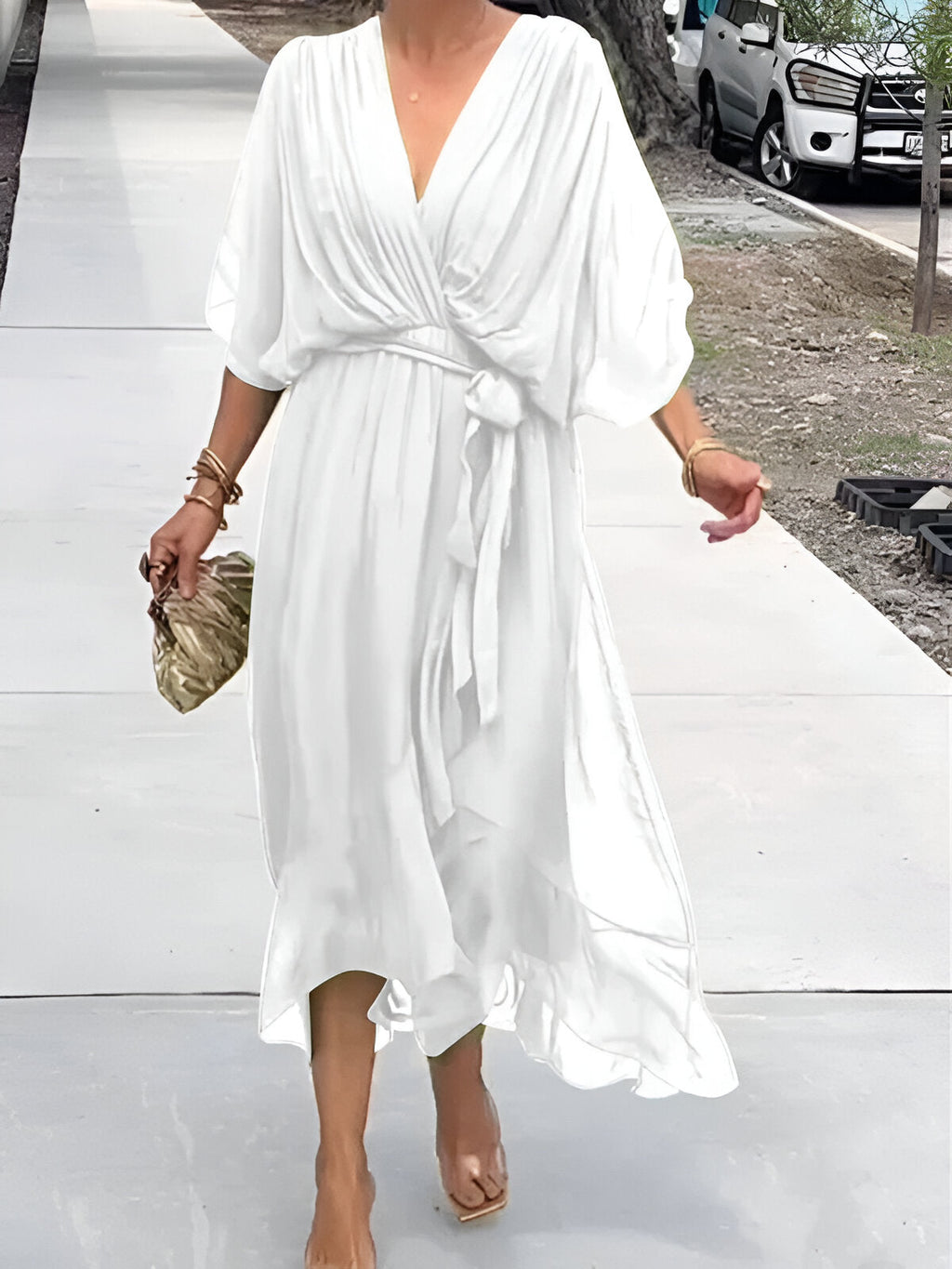 Women’s Elegant Midi Dress with V-Neck and Waistband