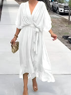 Women’s Elegant Midi Dress with V-Neck and Waistband