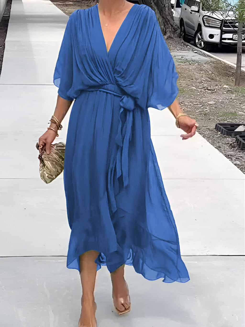 Women’s Elegant Midi Dress with V-Neck and Waistband