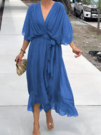 Women’s Elegant Midi Dress with V-Neck and Waistband Blue