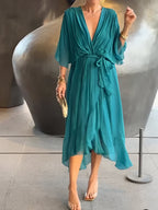 Women’s Elegant Midi Dress with V-Neck and Waistband