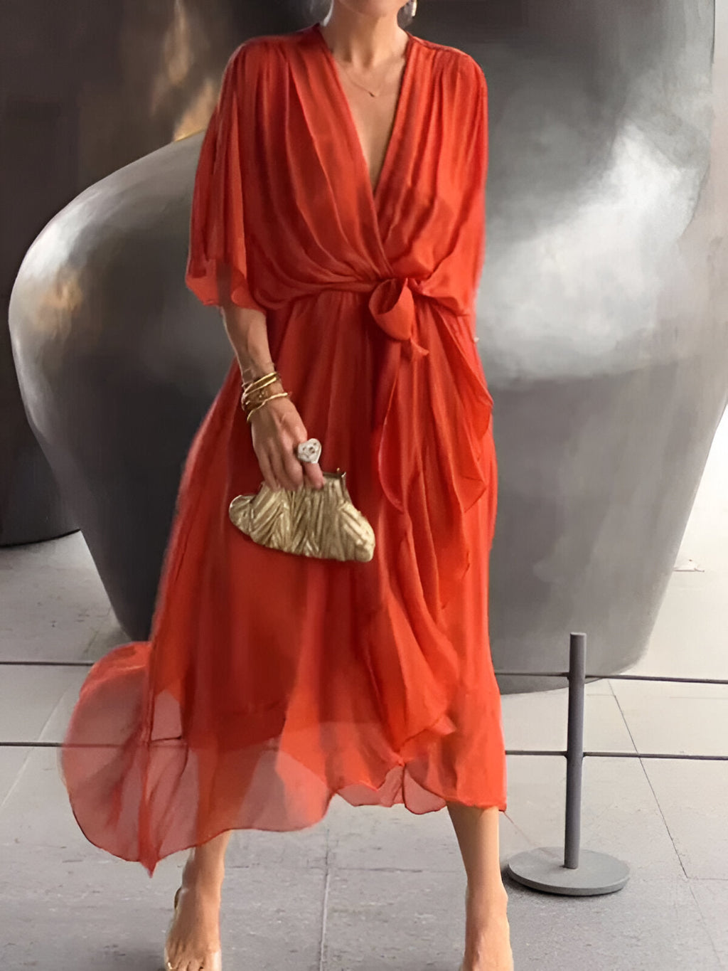 Women’s Elegant Midi Dress with V-Neck and Waistband Orange