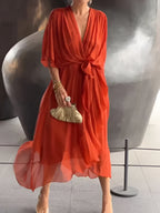 Women’s Elegant Midi Dress with V-Neck and Waistband Orange