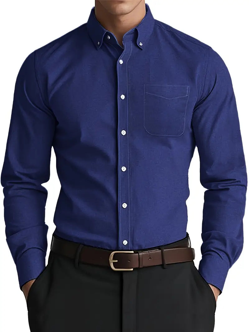Men’s Casual Button-Down Shirt with Chest Pocket Navy Blue