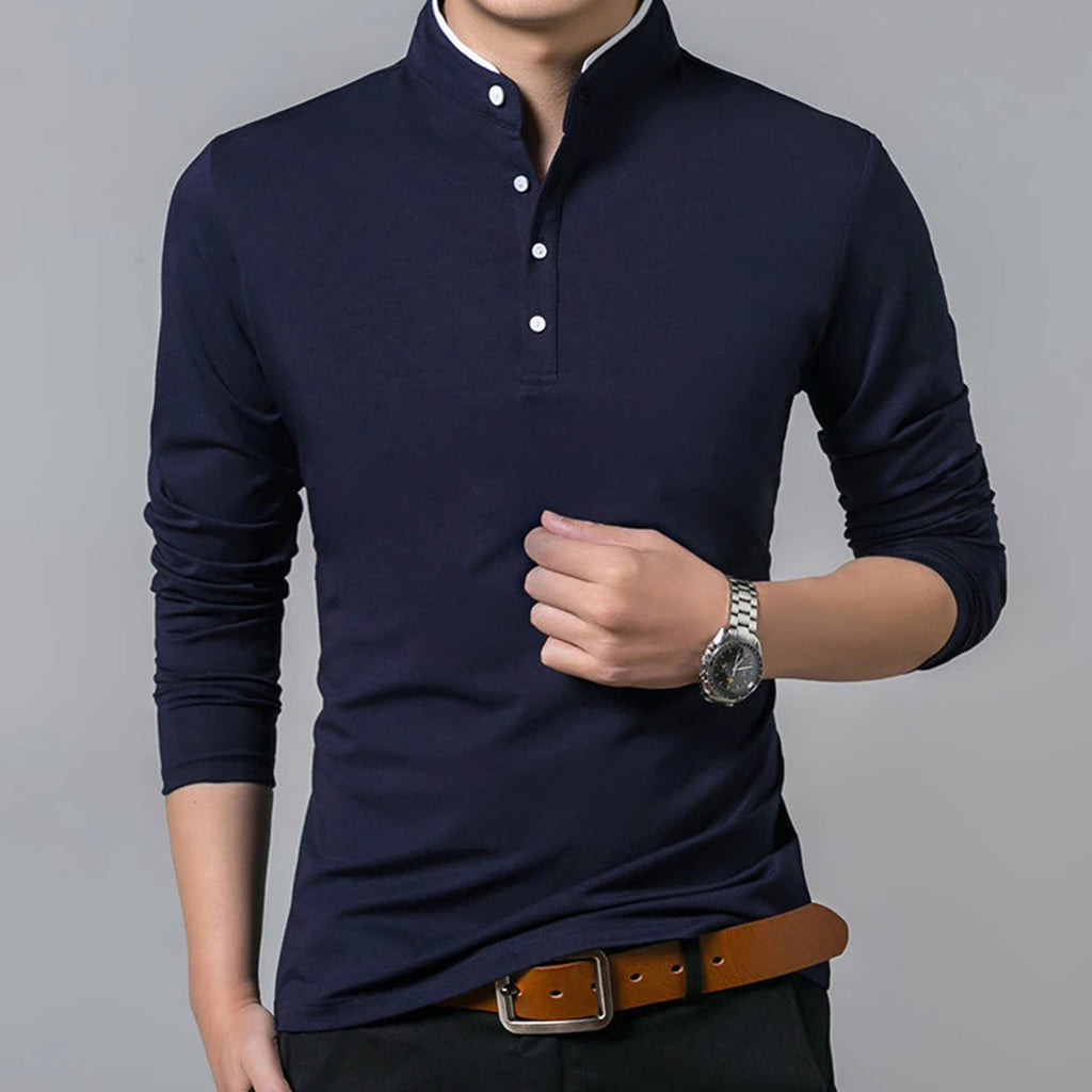 Men’s Slim-Fit Long Sleeve Polo Shirt with Mandarin Collar Navy Blue