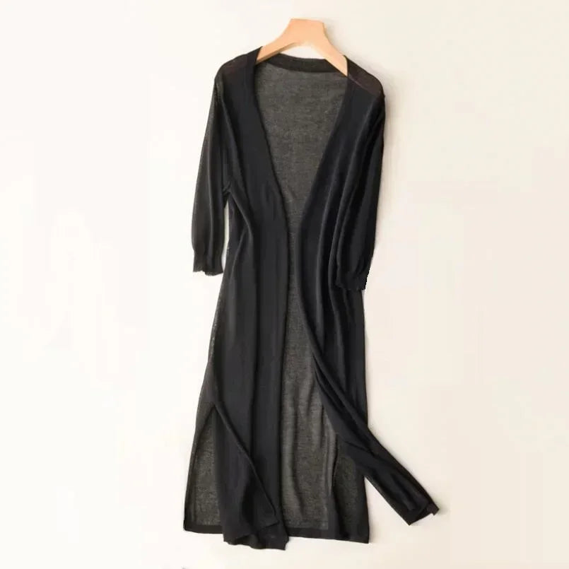 Women’s Long Open Front Cardigan with Side Slits Black