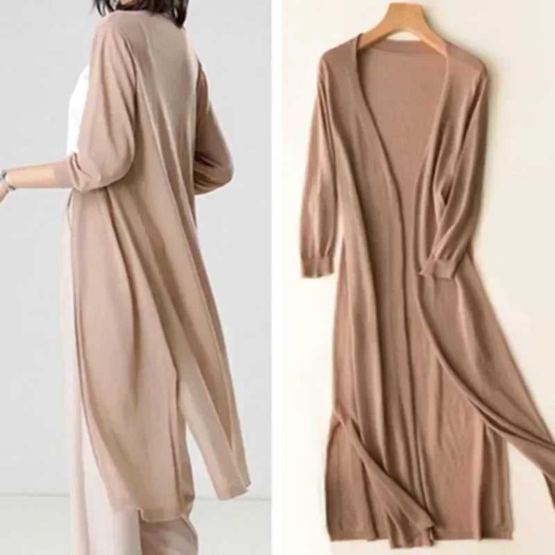 Women’s Long Open Front Cardigan with Side Slits