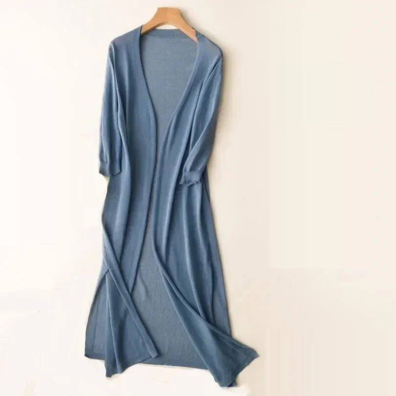 Women’s Long Open Front Cardigan with Side Slits Blue