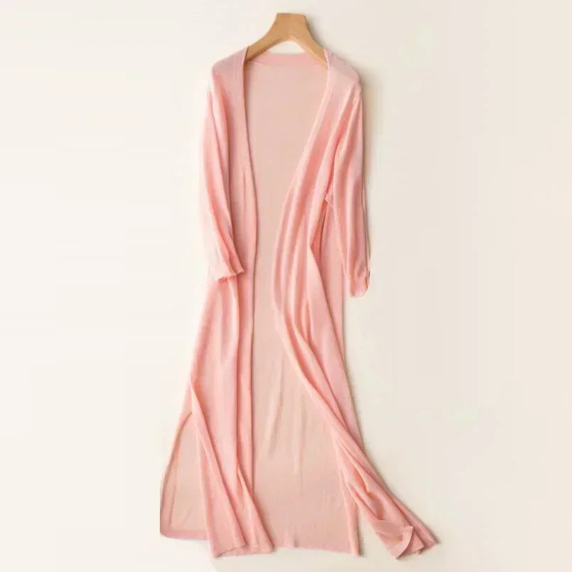 Women’s Long Open Front Cardigan with Side Slits Pink