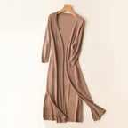 Women’s Long Open Front Cardigan with Side Slits Khaki