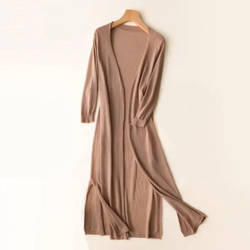 Women’s Long Open Front Cardigan with Side Slits Khaki