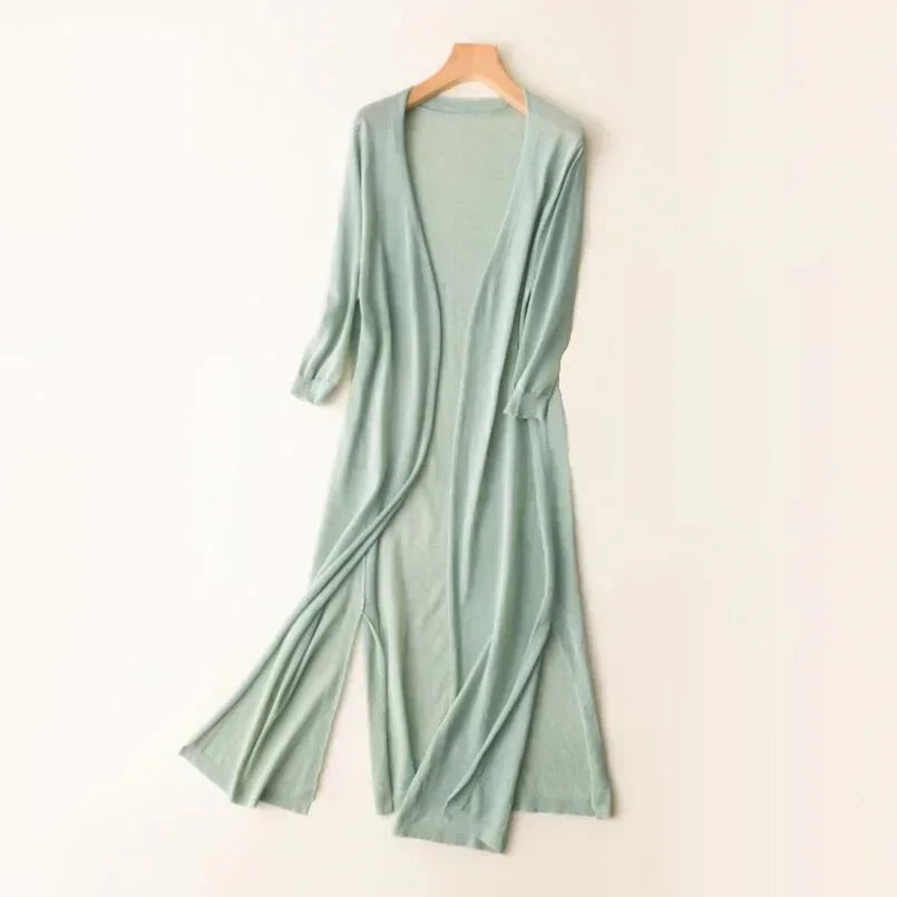 Women’s Long Open Front Cardigan with Side Slits Green