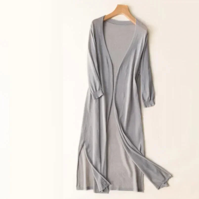 Women’s Long Open Front Cardigan with Side Slits Gray