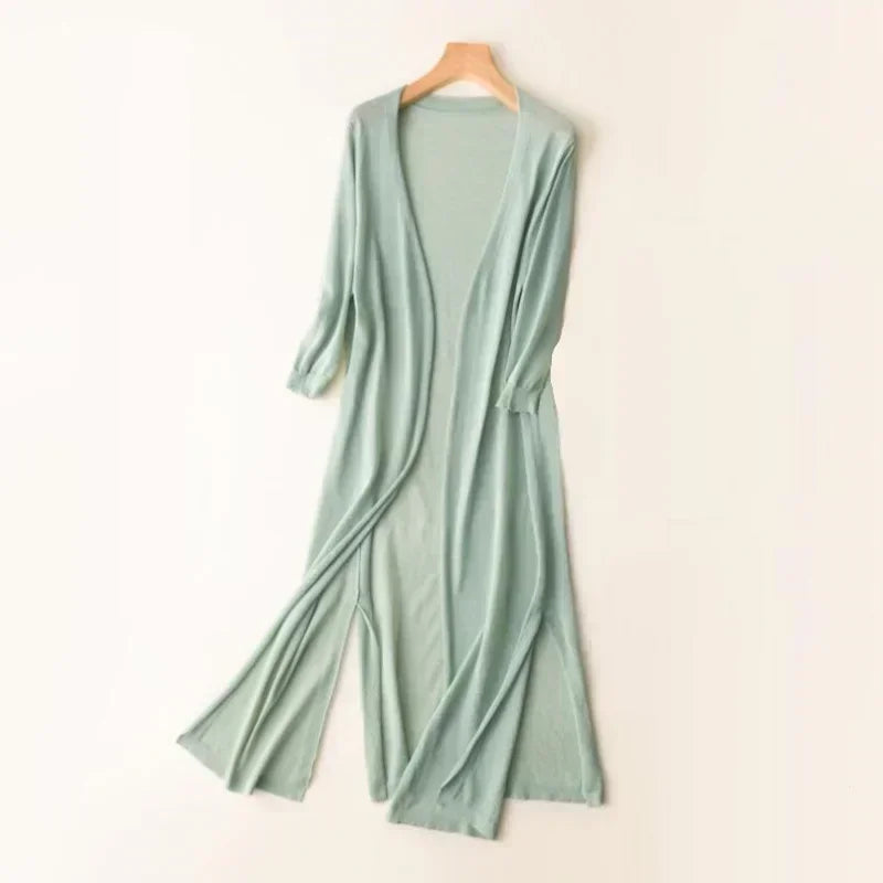 Women’s Long Open Front Cardigan with Side Slits