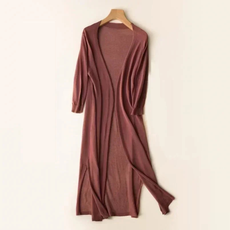 Women’s Long Open Front Cardigan with Side Slits Coffee