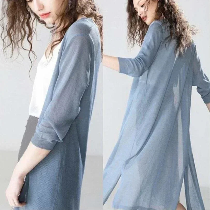 Women’s Long Open Front Cardigan with Side Slits