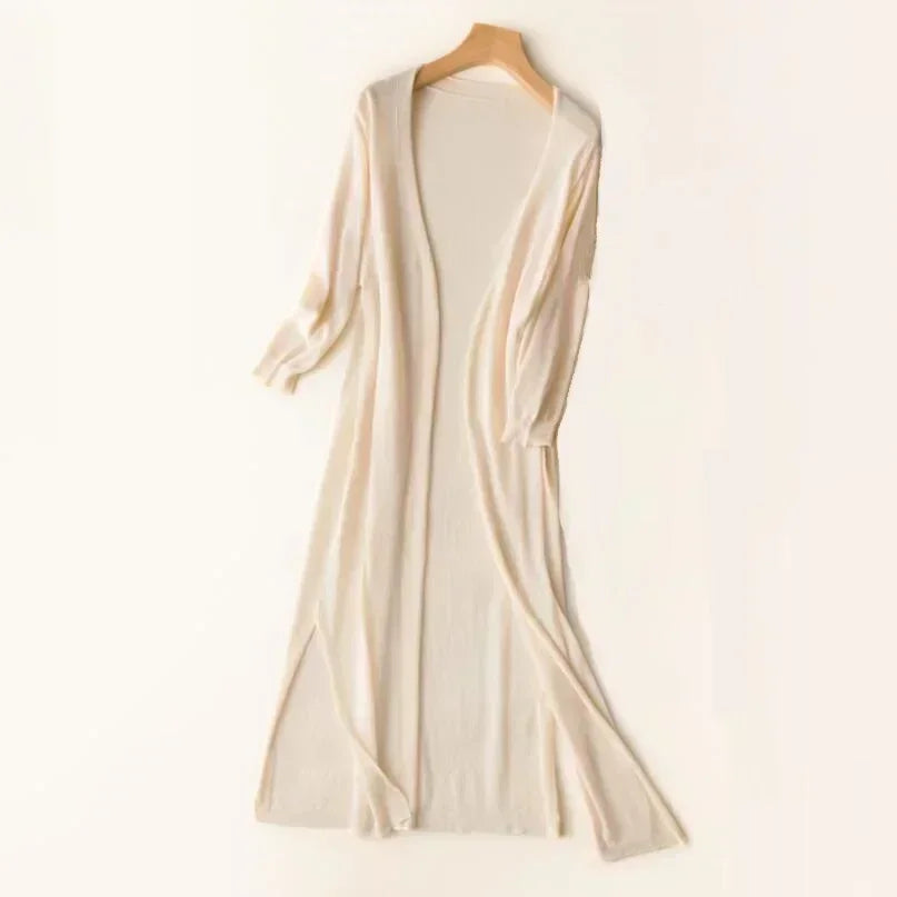 Women’s Long Open Front Cardigan with Side Slits