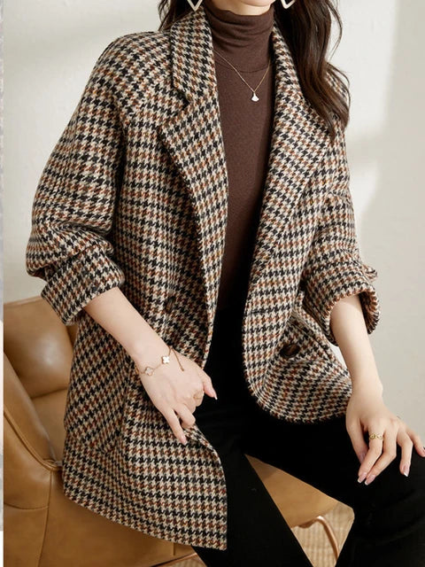 Women’s Polished Check Blazer Jacket for Smart Casual Styling Brown