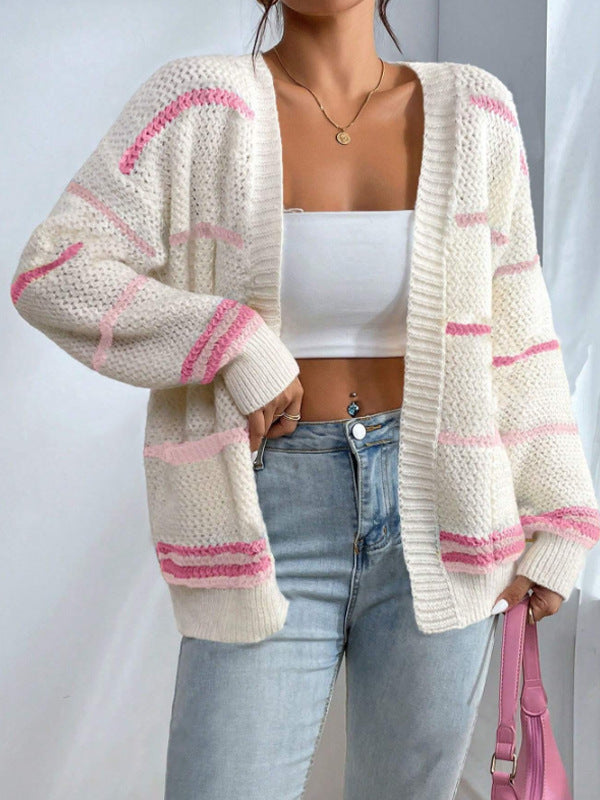 Women’s Oversized Striped Knit Cardigan with Open Front Pink
