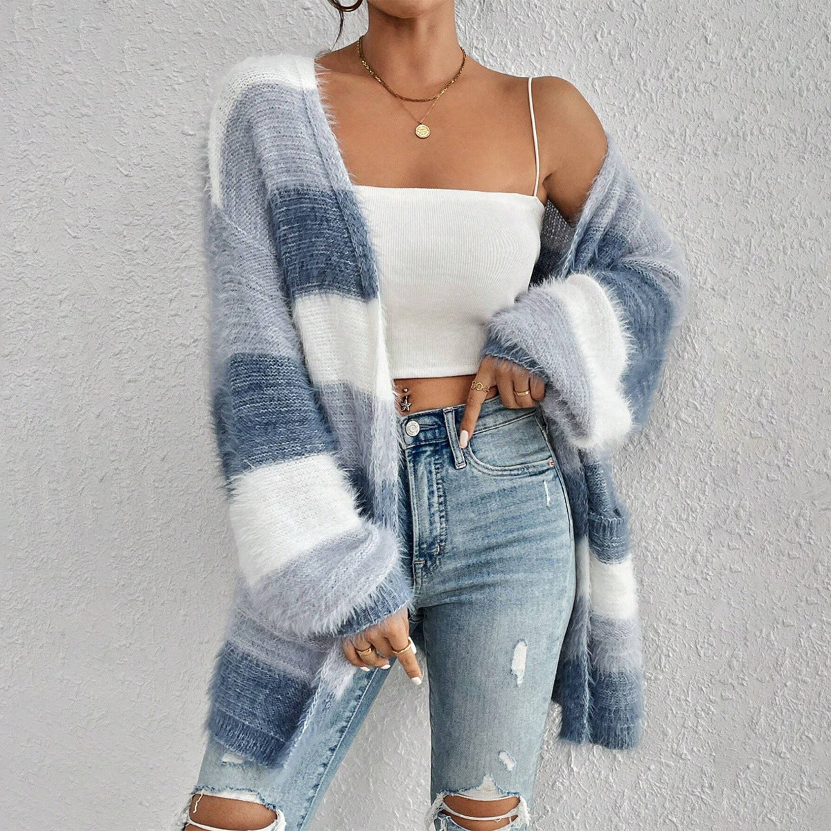 Women’s Oversized Striped Cardigan Sweater with Pockets