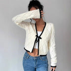 Women’s Cropped V-Neck Cardigan with Bow Front Detail White