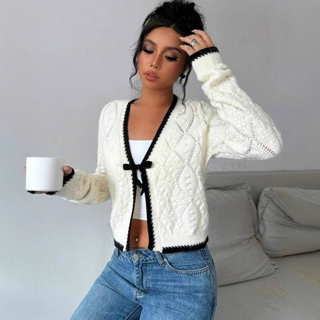 Women’s Cropped V-Neck Cardigan with Bow Front Detail